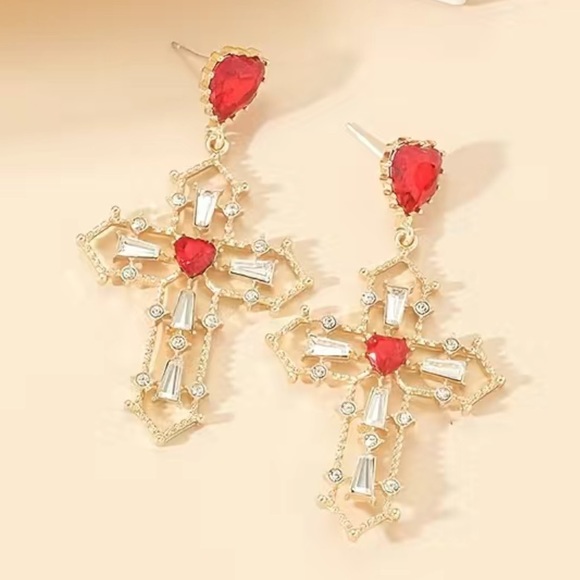 Jeweled Cross Dangle Earrings - Picture 2 of 6